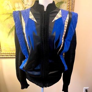 Vintage 80’s Augustina Leather Suede Knit Trim Jacket💜 🖤💙 Mafia Wife! 💜🖤💙